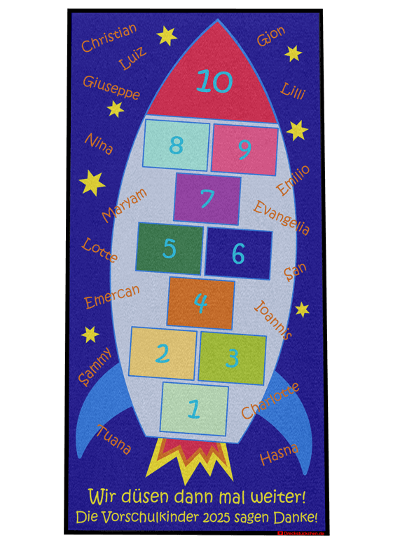 Fußmatte Kindergarten Abschiedsfussmatte Hüpffeld Rakete 75x150 Entwurf G